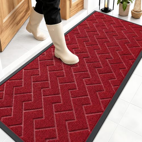 Image of OLANLY Front Door Mat Indoor Outdoor Entrance, Waterproof All-Season, All-Weather Doormat, Sturdy Natural Rubber, Low Profile, Easy Clean Patio Porch Entryway Mat, Herringbone Brick (Wine Red, 59x23)