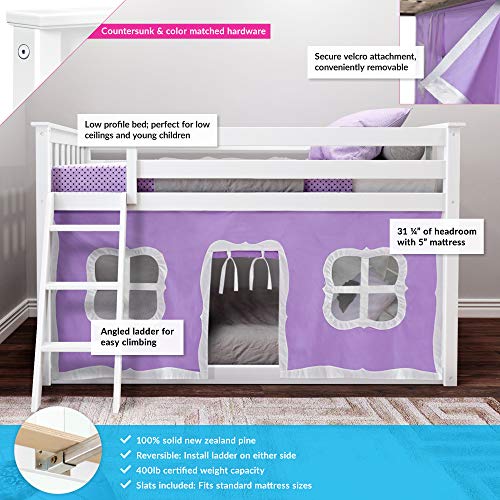 Max & Lily Low Bunk Bed, Twin-Over-Twin Bed Frame For Kids With Curtains For Bottom, White/Purple #TOP1