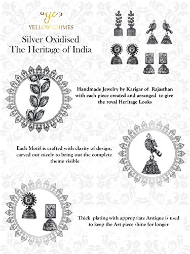 Image of Yellow Chimes Earrings for Women & Girls | Traditional Silver Oxidised Jhumka | German Silver Oxidized Drop Earring Set | Earrings Combo | Accessories Jewellery | Birthday & Anniversary Gift