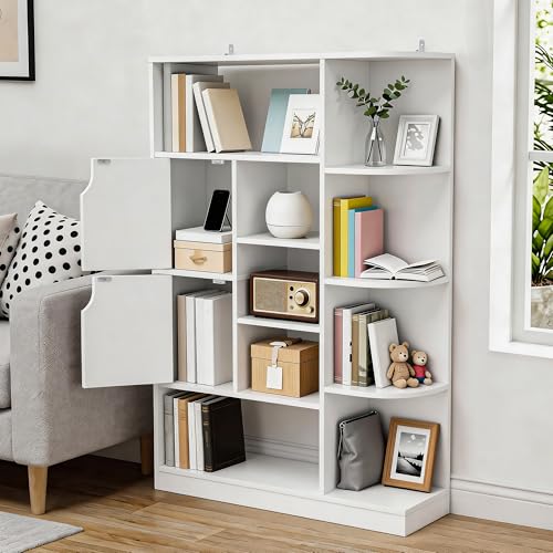 YITAHOME Bibliothèque autoportante à 9 étagères Ouvertes et 2 Portes (revêtement en Tissu) pour Salon, Chambre, Bureau, Blanche, 80 × 24 × 120 cm (L ×...