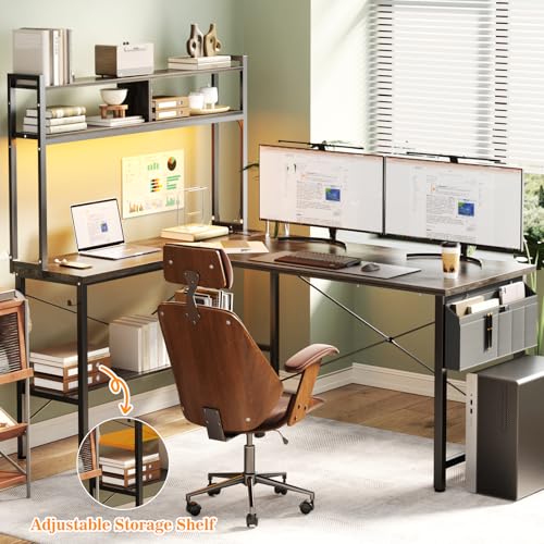Image of Aheaplus L Shaped Desk Gaming Desk, 59 inch L Shaped Computer Desk with LED Light & Power Outlet, Reversible Home Office Desk Gamer Desks with Shelves & Storage Bag & Hooks, Corner PC Desk, Black Oak