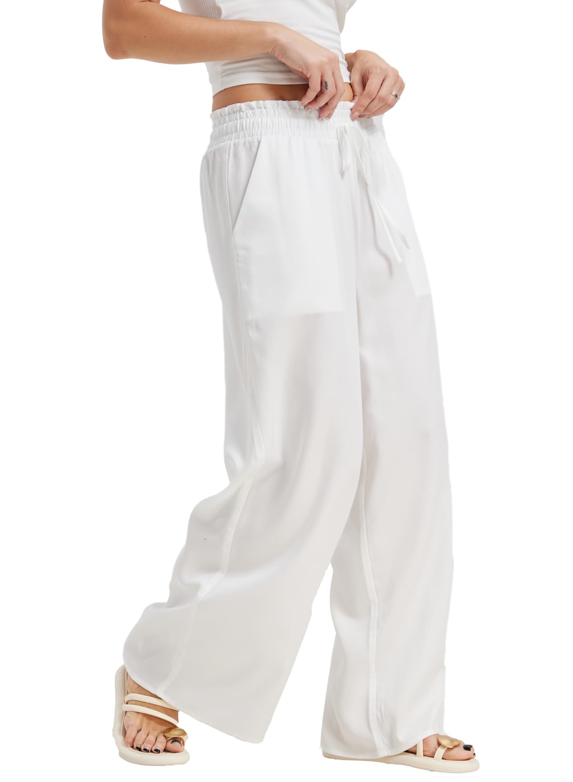 KYAL Womens Summer Palazzo Pants High Waist Wide Leg Lounge Trousers Lightweight Drawstring Elastic Waist Loose