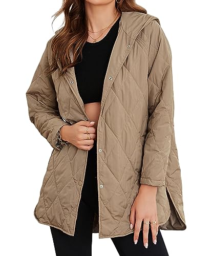 Womens Quilted Hooded Jackets Long Sleeve Button Down Puffer Jacket Winter Down Jacket Coats