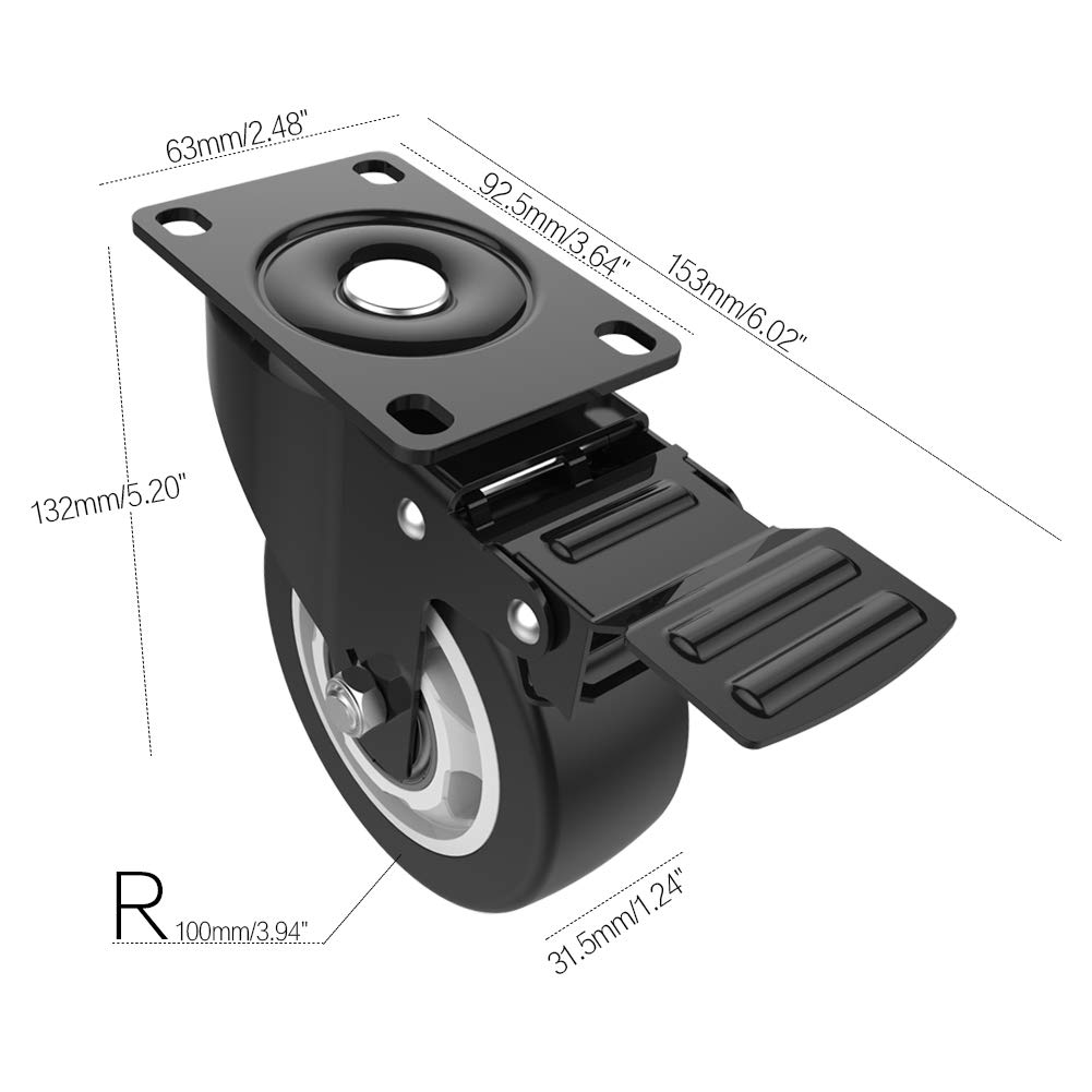 ❤ Crazy Deals 4 Swivel Caster Wheels with Safety Dual Locking and Polyurethane Foam No Noise Wheels, Heavy Duty - 300 Lbs Per Caster (Pack of 4)