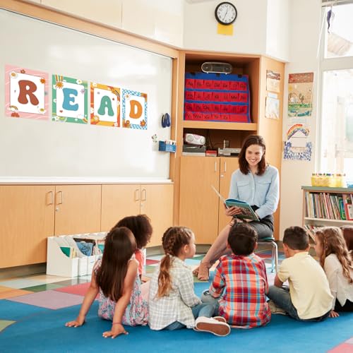 Image of COCHIE Reading Posters for Classroom Decorations, Library Reading Corner Decor, Read Signs Poster Bulletin Board Set of 4, Pre-k Preschool Kindergarten Classroom Wall Decoration (Groovy)