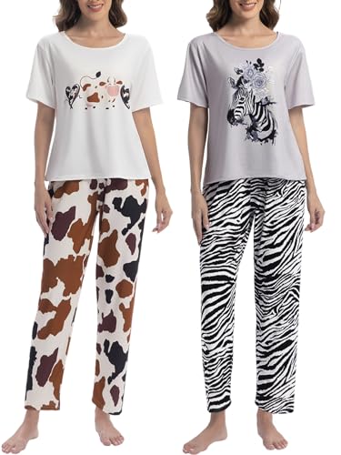 Loezexir 2 Pack: Women's Pajama Set,Comfy Pjs Loungewear,Short Sleeve Top and Long Pants Cute Sleepwear for Ladies Teen Girl,Pijamas para Mujer,Cow Zebra Prints,White Grey