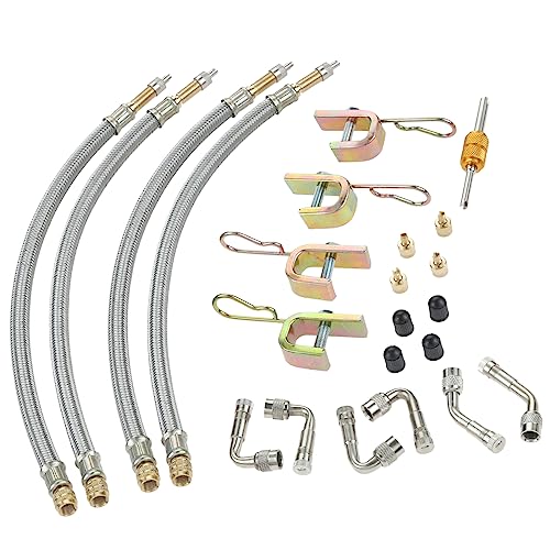 PETCHOR Valve Stem Extenders, 4Pcs 12 Inch Dual Flexible Stainless Steel Braided Valve Stem Extensions, 6Pcs 45 90 135 Degree Brass Valve Adapters for Car Truck Motorhome Trailer RV Trailer Vehicle