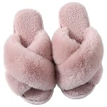 Hpfulseazn Women's Cross Band Slippers Fuzzy Memory Foam Slippers Cozy House Shoes Open Toe Fluffy Home Shoes Indoor Outdoor Slip On Warm Breathable(Pink,UK5-6)