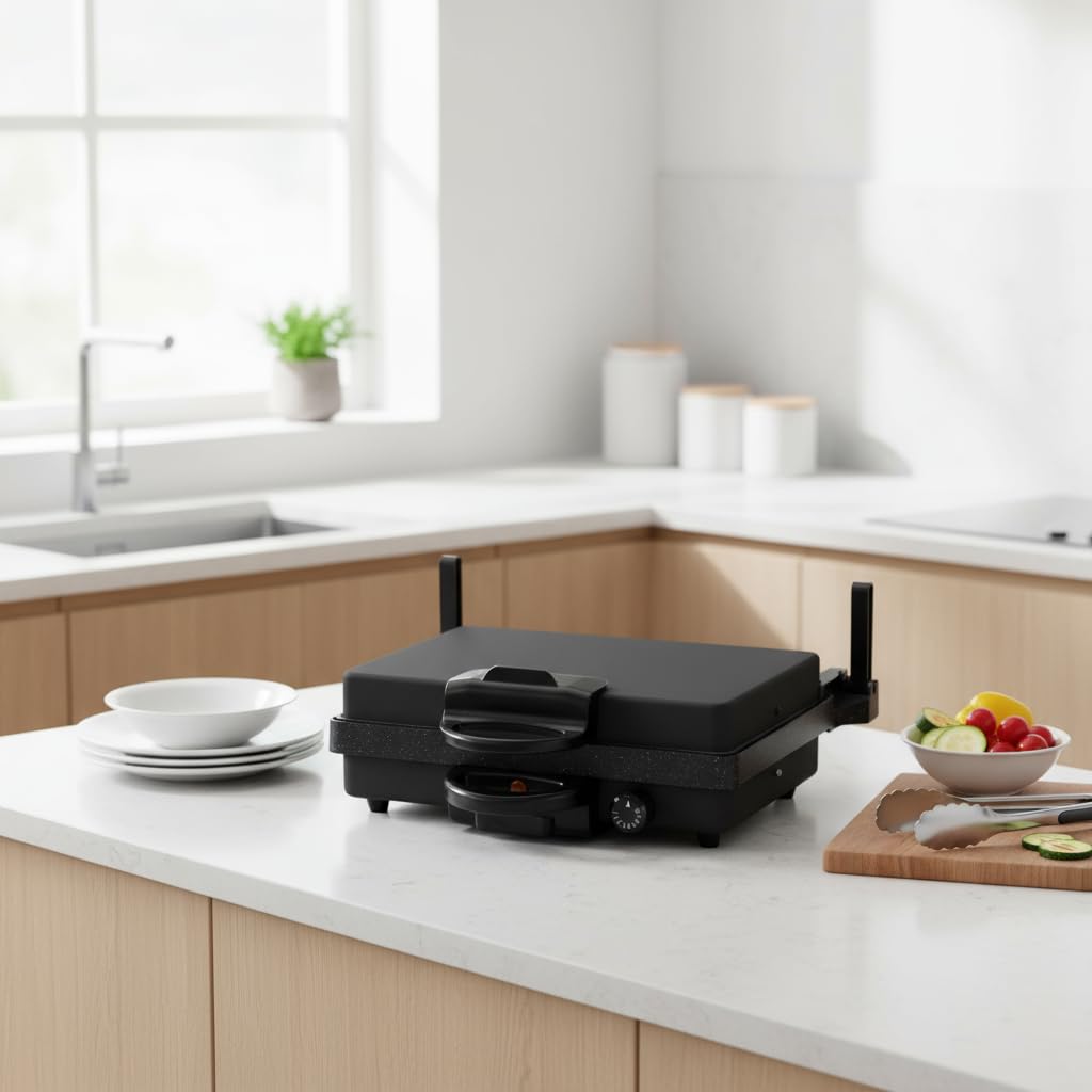 SHOV Multigrill Tandir 2000 W Black Edition z powłoką granitową, grzałka górna/dolna, 5-stopniowy termostat, system zbierania oleju, wskaźnik mocy – grill kontaktowy i grill stołowy (Black Edition bez