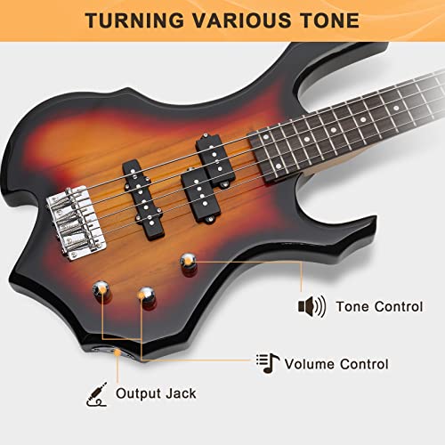Glarry Electric Bass Guitar 4 Strings Buring Fire Style Hh Pickups For Beginner Adults Right Hand W/ 20W Amp, Bag, Strap And Cord (Sunset) #TOP2