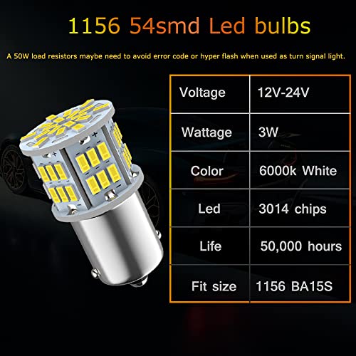 Melphan-Auto 1156 SMD 3014 LED Car Bulbs, 12V-24V, 6pcs, White, BA15S