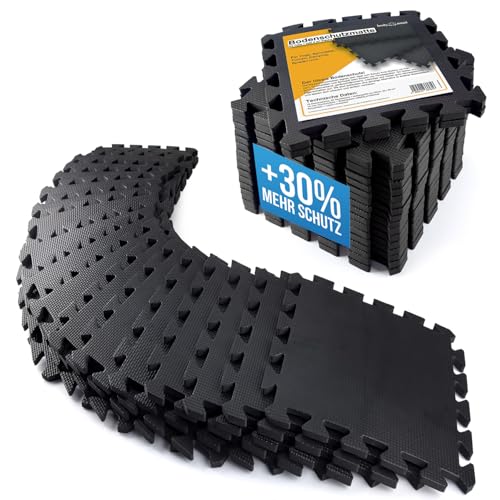 Boden-Schutzmatten XXL Set; Fitnessmatte Bodenschutz Puzzle-Matte; Unterlegmatte für Fitnessgeräte + GRATIS Anti-Rutschmatte; Trainingsmatte & Sport-Matte für Fitnessraum Keller Garage ca. 2m² Schwarz