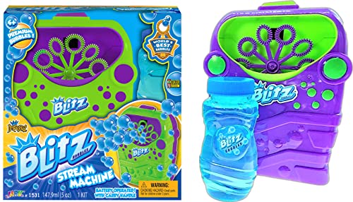 Blitz Stream Kids Bubble Machine w/Bubble Soap Solution (1 Bubble Maker) Battery Powered Automatic Bubble Blower Kids Toys. Rotating Blowing Wands. Fun Outdoor Games. Pool Birthday Party. 1531-1s