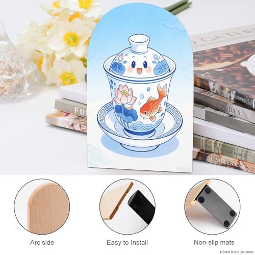 Sujetalibros de porcelana azul y blanca elegante de madera con base de metal para estanterías 5