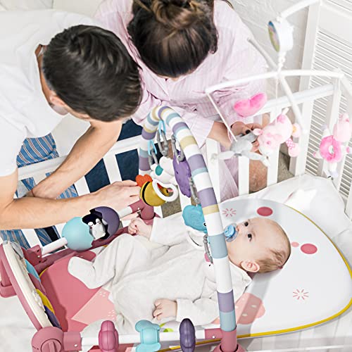 Jovow Baby Gym with Kick and Play Piano,Baby Play Mat Tummy Time Baby Activity Gym Mat with 5 Infant Learning Sensory for Baby, Music and Lights Boy or Girl Gifts for Newborn(Pink)