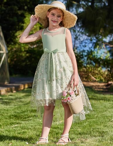 Image of Arshiner Girls Dresses Formal Party Wedding Tulle Sleeveless Contrast Mesh High Low Dress with Belt