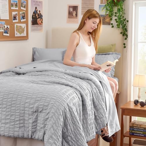 Image of HYMOKEGE Light Grey Twin Comforter Set Seersucker 5 Pieces, All Season Luxury Bed in a Bag for Bedroom, Bedding Set with Comforters, Sheets, Pillowcase & Sham