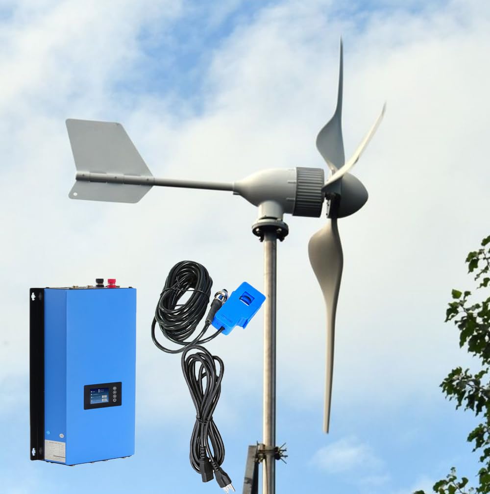 2000W Horizontaler Windkraftanlage 3Phasen Windturbinen mit Grid Wechselrichter Komplettanlage Netzkopplung Windgenerator 24V 48V auf Einphasig 220/230VAC 50Hz Öffentliches ins Stromnetz