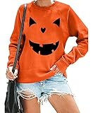 Women's Halloween Pumpkin Face Long Sleeve Sweatshirts Lightweight Casual Pullover Tops (XXL, Orange