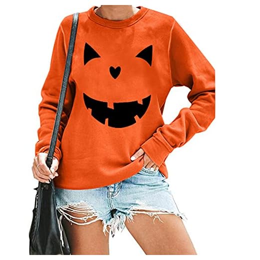 Women's Halloween Pumpkin Face Long Sleeve Sweatshirts Lightweight Casual Pullover Tops (XXL, Orange)