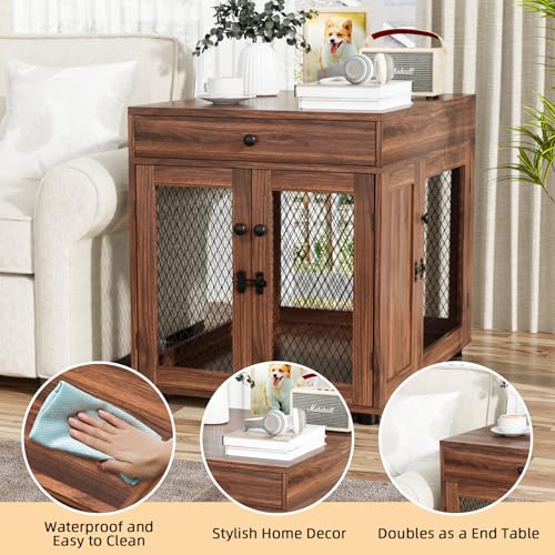 VOWNER Hundekäfig Möbel Indoor, 3 Türen Holz Hundebox mit Schublade, Moderne Hundehütte als Beistelltisch, 60 x 80 x 69 cm für kleine/mittelgroße Hunde Zuhause unter 30 kg, Walnussbraun