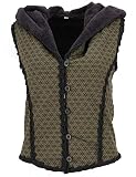 GURU SHOP Kurze Goa Weste mit Weiter, Flauschiger Kapuze `Flower of Life`, Olivgrün/schwarz, Baumwolle, Size:S (36), Boho Jacken, Westen Alternative Bekleidung
