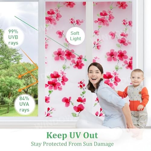 Image of Premium Vinyl Privacy Stained Window Glass Sticker (12x25 Inch) - Self-Adhesive Decorative Sticker Opaque Tint Wallpaper for Glass Cover Window, Door, Office, Home.| Anti-UV. Pink Floral