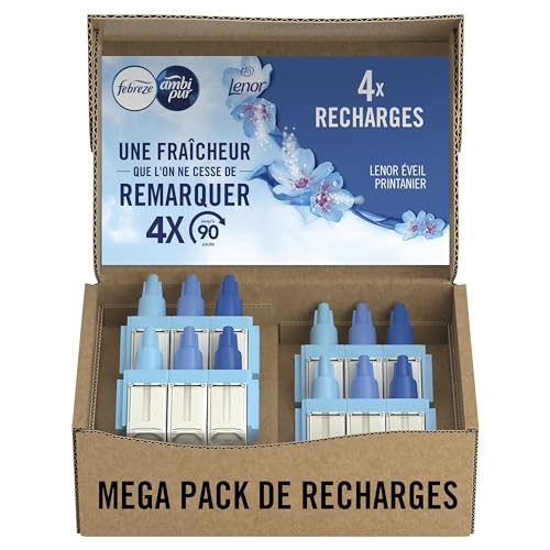 Febreze Désodorisant Électrique, Méga Pack de Recharges (4 Recharges de 20ml avec 3 Parfums en Alternance), Parfum Eveil Printanier de Lenor, Combat les...