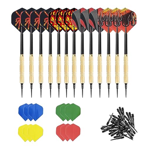 GOIEHIR 12 Piezas Dardos Punta de Plastico, Dardos para Diana Electrónica con 24 Vuelos Adicionales 8 Motivos, 100 Puntas de Dardos de Plástico para Intercambiar