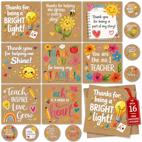 SIMPLY GIFTED Thank You Teacher Cards Multipack of 16 12x12cm Cards for Teachers 8 Designs with Matching Stickers & Envelopes Blank Inside 500 Micron Silk Card Stock Made in UK Eco-Friendly
