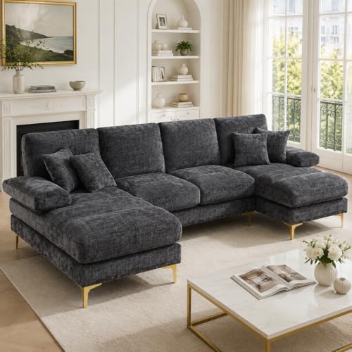 Sapgaks Grand canapé d'angle Moderne en U,avec Fauteuil inclinable Double,canapé 4 Places en Chenille,Canapé de Salon (Gris)