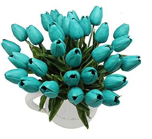 Aliersa 10-Heads Home Decoration Mini Tulip Real Touch Tulip Artificial Flowers Bouquets (Dark Teal) #TOP2