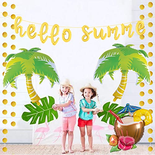 Stcomart Hello Summer Balloons Banner Hawaiian Theme Party Decorations, Coconut Palm Balloons For Pool Beach Party Supplies, Gold #TOP2