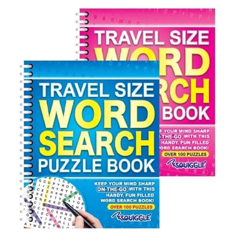 Sixstore A5 Spiral Bound Travel Size Word Search Puzzle Books, Blue and Pink - Set of 2