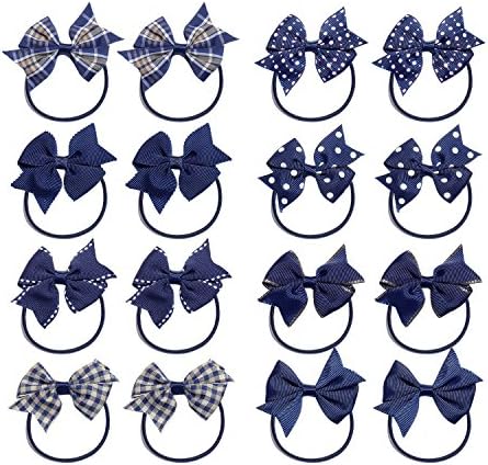 KOONY Baby Girls Hair Bow Elastic Ties Ponytail Holders Hair Bands 16pc (Navy)