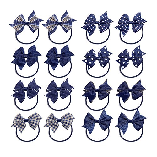 KOONY Baby Girls Hair Bow Elastic Ties Ponytail Holders Hair Bands 16pc (Navy)