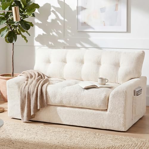 Image of MONVANE 55.5 inch Convertible Loveseat Sofa, Comfy Chenille Cloud Couch with Storage Pocket, Modern Deep Seat Boneless Couch, 2 Seater Sofa for Living Room, No Assembly Required, Beige
