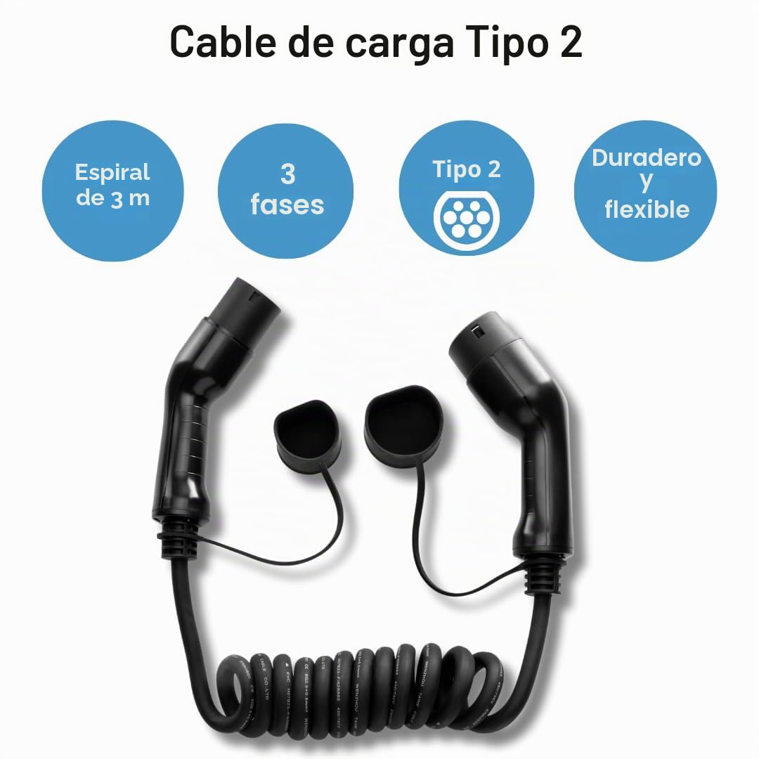 Cable de carga en espiral | Tipo 2 – 22 kW, 32 A, 3 fases, 3 m, para coches eléctricos, cable robusto de 3 m, IP54, certificado CE y TUV, para coches eléctricos tipo 2 en Europa