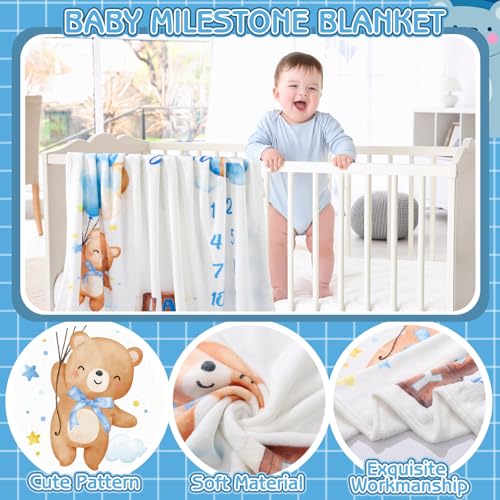 Image of Bear Baby Monthly Milestone Blanket Bear Star Balloon Flannel Blanket Newborn Infant Swaddle Baby Growth Blanket Photography Background with Wooden Signs,Frames,Bibs