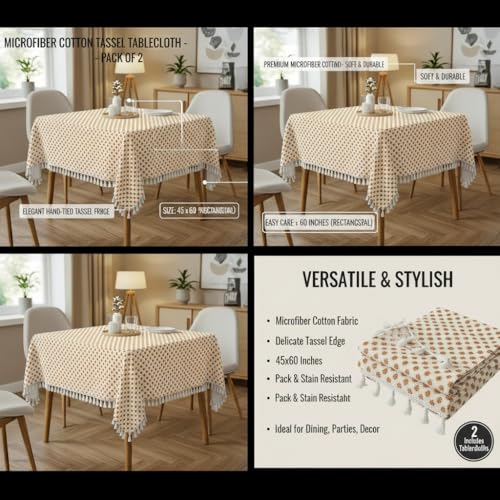 Image of Amazon Brand - Umi Microfiber Cotton Table Cloth Pack of 2 for 4-Seater Dining Table | 45 x 60 Inch Rectangular Printed Table Cover with Tassels | Washable, Durable,Reusable Dining Table Cover