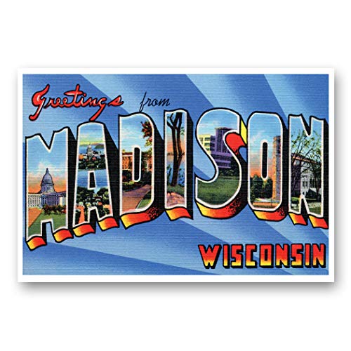 GREETINGS FROM MADISON, WI vintage reprint postcard set of 20 identical postcards. Large Letter Madison, Wisconsin city name post card pack (ca. 1930's-1940's). Made in USA.