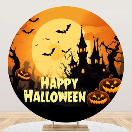 MIRRORANG Fondo redondo de poliéster de 1,5 m de diámetro para Halloween, castillo naranja, calabaza, farol, murciélagos, árboles muertos, cementerio, noche, luna, fondo de fotografía para fiesta de
