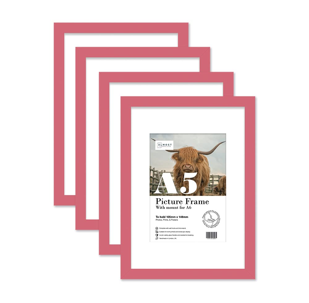Almost Frameless A5 Pink Picture Frame Set of 4, Display A6 Pictures with Mount or A5 Without Mount Gallery Wall, Poster, Photo, Artwork, or Print, Pink