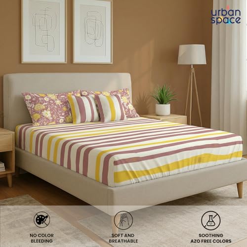 Image of Urban Space 144 TC Divine 100% Cotton Bedsheet for Double Bed with 2 Pillow Covers and 2 Cushion Covers, Queen Bedsheet (Size 90 x 100 inches, Streak Muddy Pink, Double)