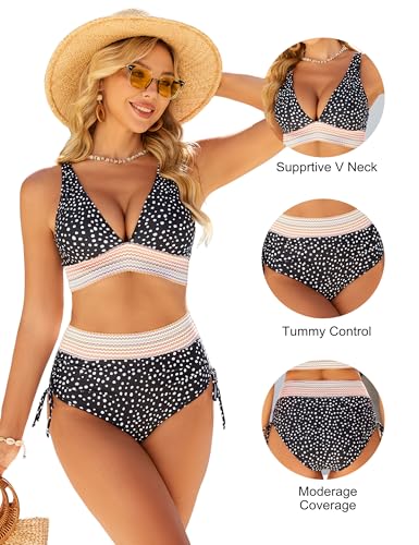 Image of Blooming Jelly Women High Waisted Bikini Sets Tummy Control Swimsuits Color Block Two Piece Drawstring Bathing Suit