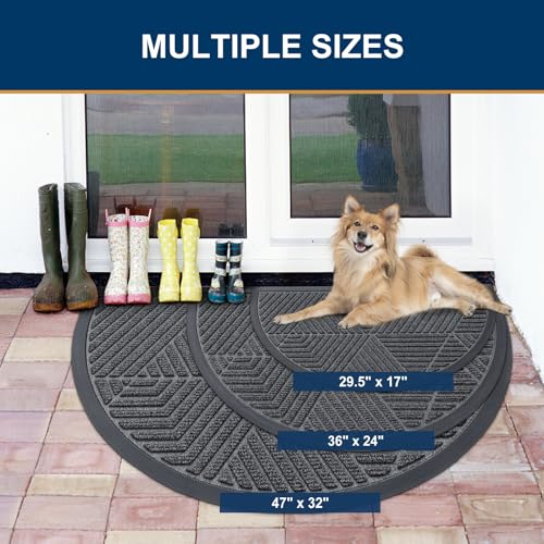 Image of Smiry Half Circle Front Door Mat Outside Entrance, Heavy Duty Sturdy Natural Rubber Doormat, Trap Dirt and Moisture, Low Profile Mats for Indoor Outdoor Entry, Irregular Triangle (47x32, Grey)