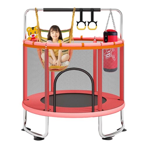 KENANLAN Trampolín para Niños, Interior y Exterior, Pequeño Trampolín de Fitness, Juguete con Recinto de Seguridad, Red, Aro de Baloncesto, Anillos Gimnásticos, Columpio para Niños y (Roja)