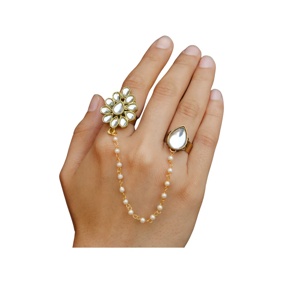 White Pear Shape Kundan 2 Finger Ring Linked With Pearl Chain. Adjustable Double Rings. Teardrop White Kundan Flower. Ethnic Fashion Jewellery. Contemporary, Handmade Unique Traditional Jewelry