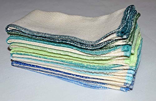 Gina's Soft Cloth Shop 1 Ply 11x12 Inches Natural Unbleached Birdseye Paperless Towel Set of 10 Assorted Blues and Greens- Proudly Made in the USA!