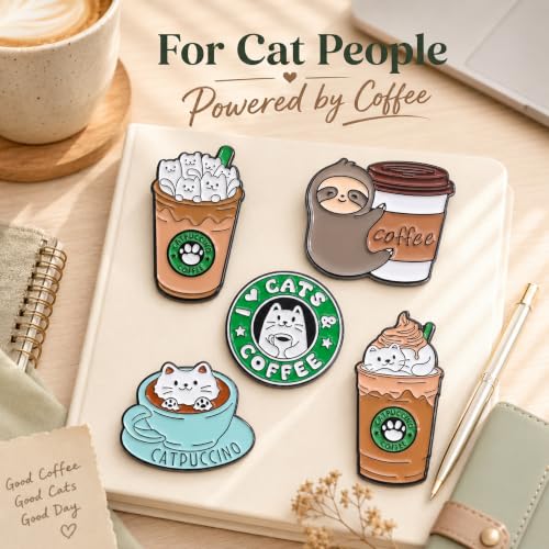 Image of 5Pcs Cute Coffee Cat Sloth Enamel Pin Set Cartoon Animal Coffee Cup Brooch Badges, Funny Lapel Pins for Backpacks, Jackets, Bags, Coffee Lover Gift